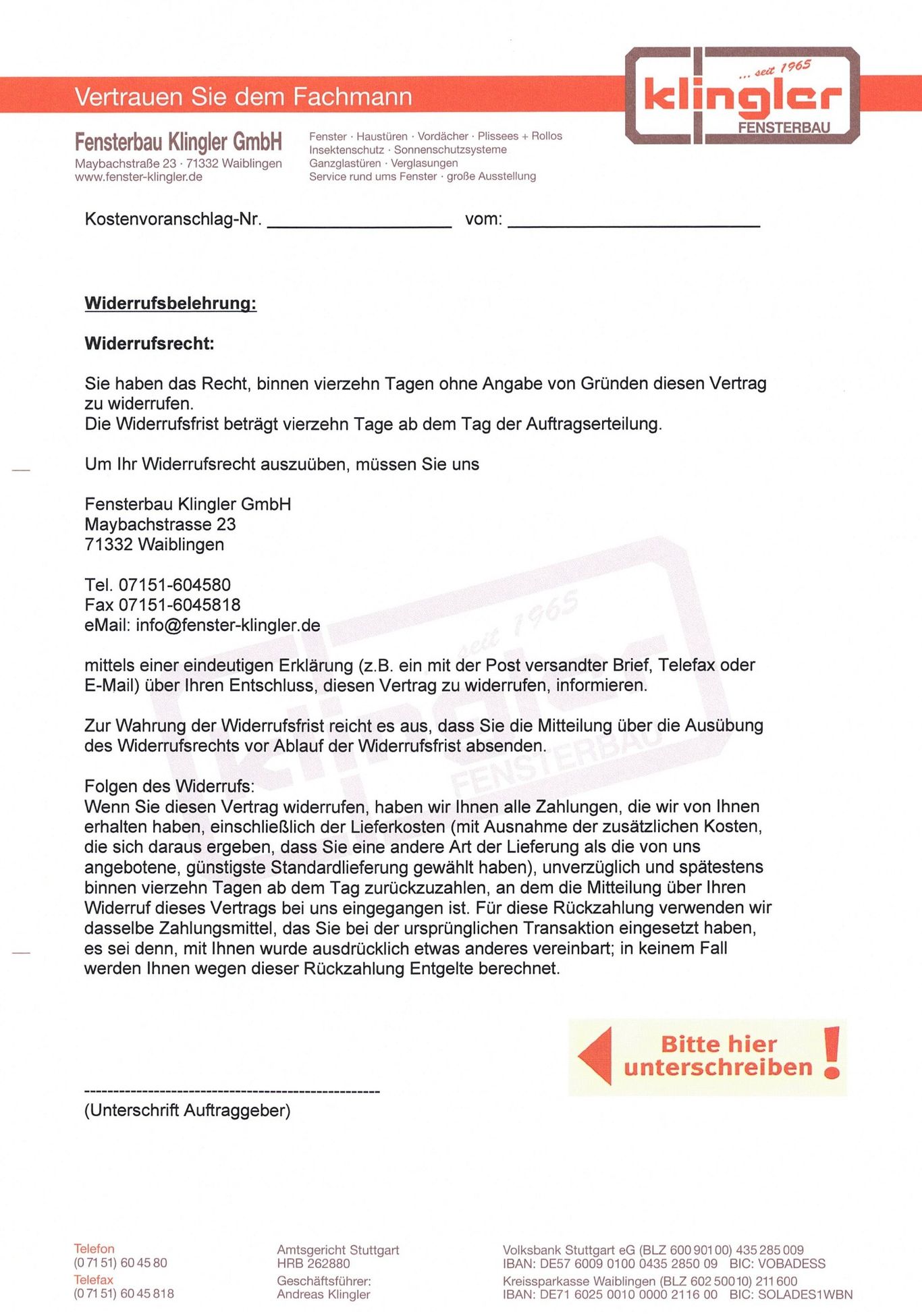 Widerrufserklärung Klingler